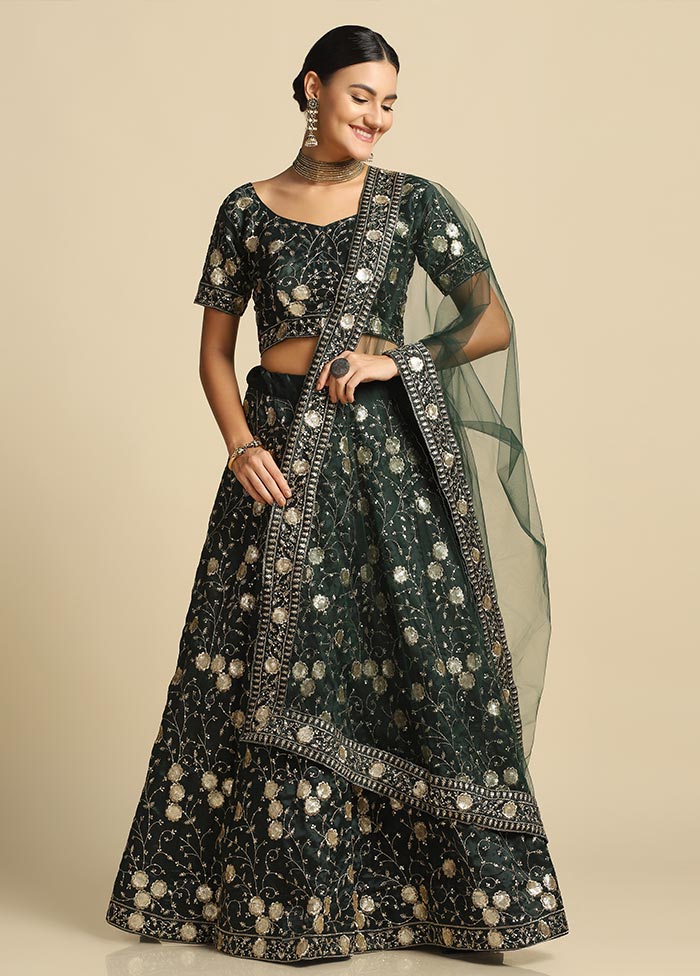 3 Pc Dark Green Silk Semi Stitched Lehenga Set - Indian Silk House Agencies