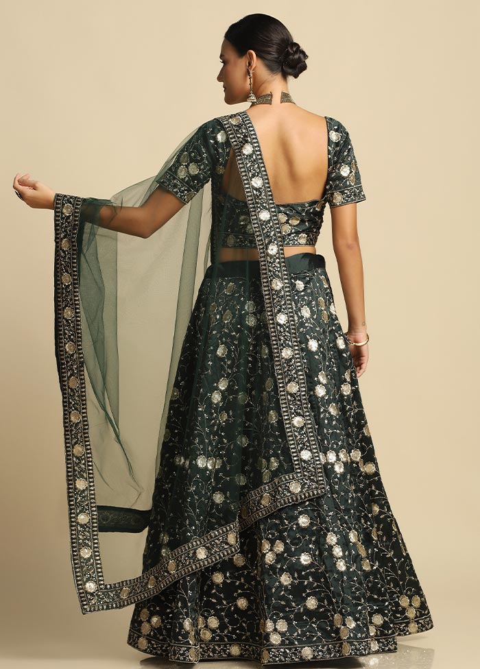 3 Pc Dark Green Silk Semi Stitched Lehenga Set - Indian Silk House Agencies