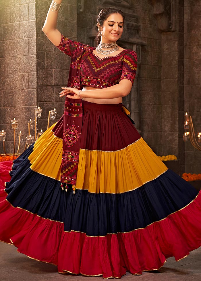 3 Pc Maroon Viscose Semi Stitched Lehenga Set