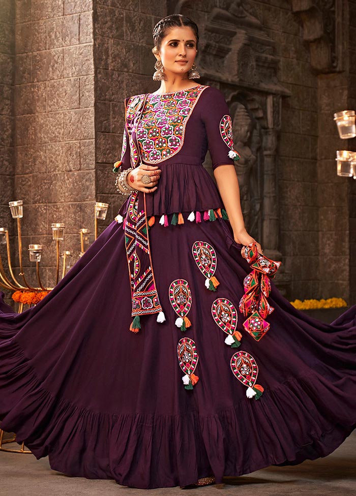 3 Pc Purple Viscose Semi Stitched Lehenga Set