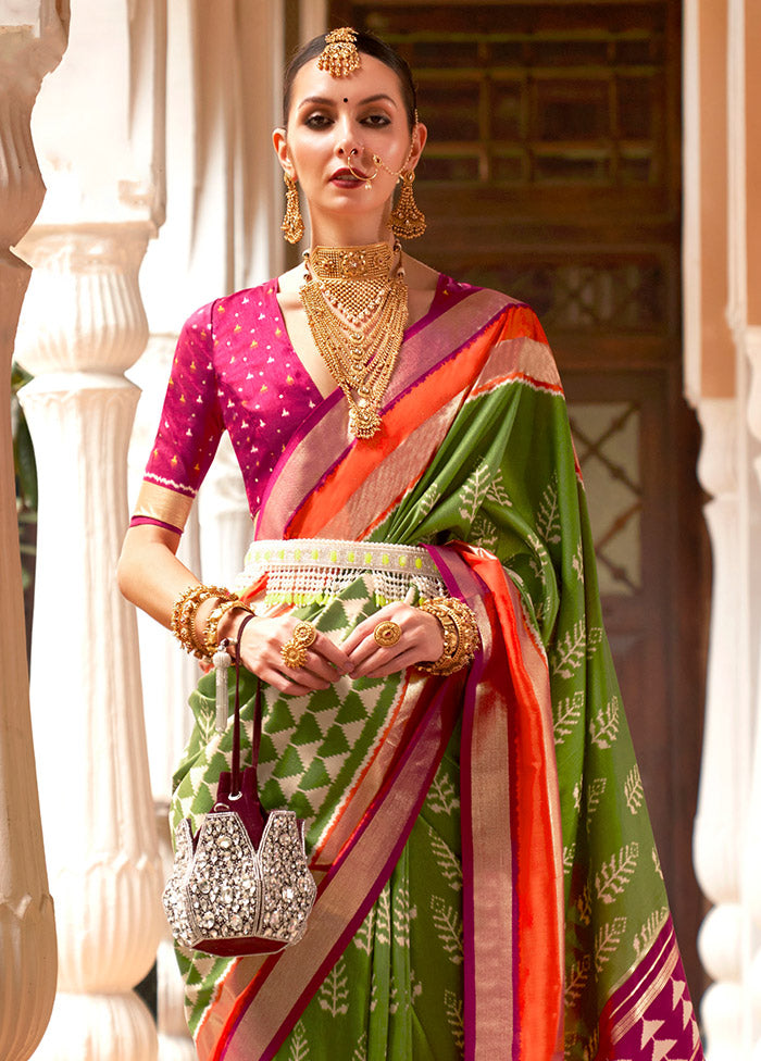 Green Spun Silk Saree With Blouse Piece - Indian Silk House Agencies