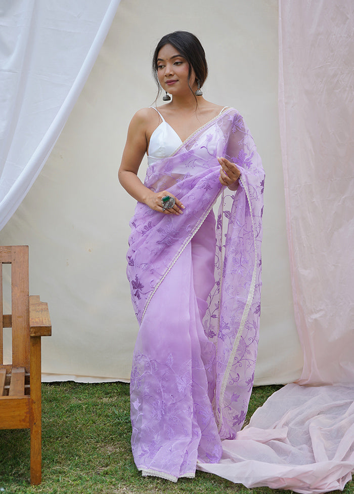 Purple Organza Saree With Blouse Piece - Indian Silk House Agencies