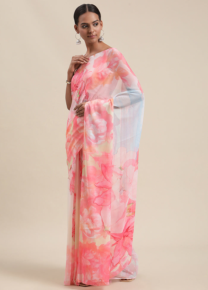 Pink Chiffon Silk Saree With Blouse Piece - Indian Silk House Agencies