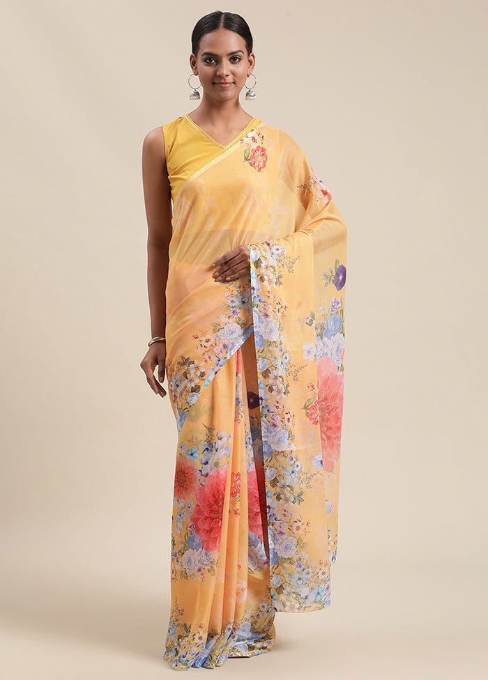 Yellow Chiffon Silk Saree With Blouse Piece - Indian Silk House Agencies