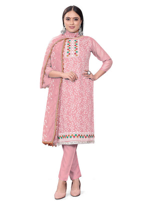 3 Pc Pink Unstitched Georgette Suit Set - Indian Silk House Agencies