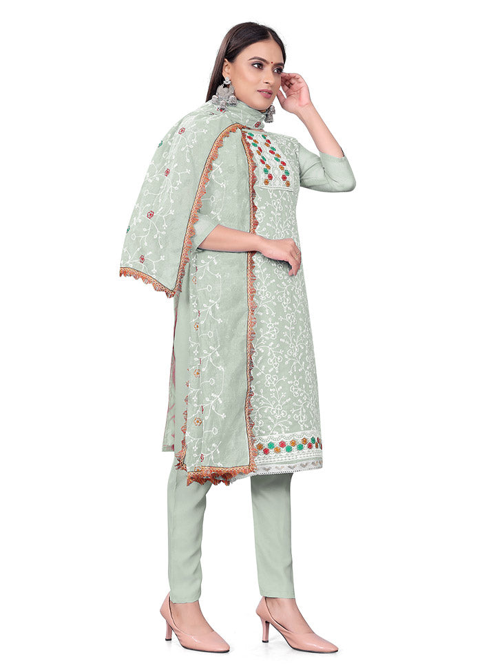 3 Pc Pista Green Unstitched Georgette Suit Set - Indian Silk House Agencies