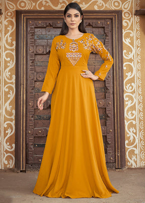 Yellow Readymade Silk Gown - Indian Silk House Agencies