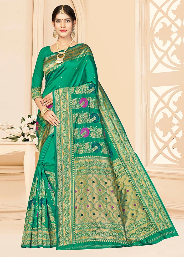 Green Dupion Silk Saree With Blouse Piece - Indian Silk House Agencies