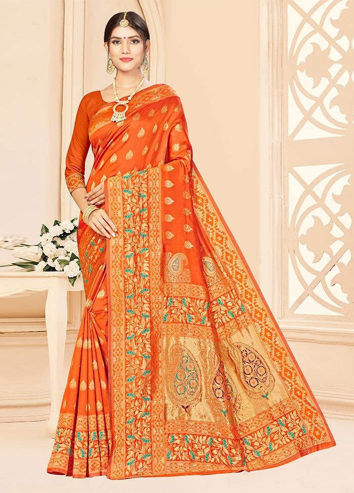 Orange Dupion Silk Saree With Blouse Piece - Indian Silk House Agencies