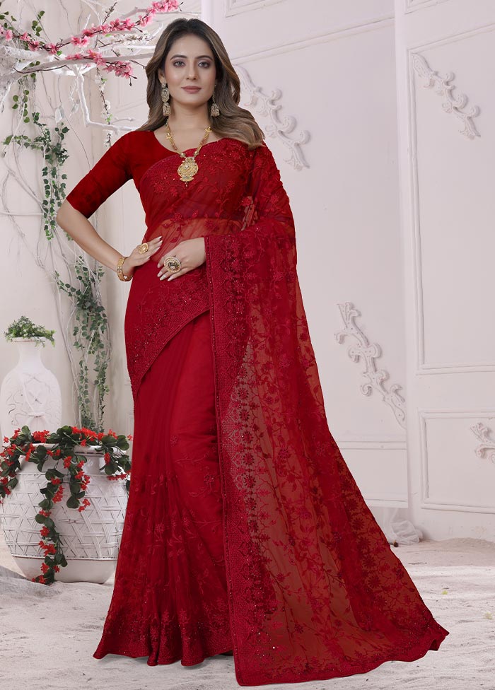 Red Organza Saree With Blouse Piece - Indian Silk House Agencies