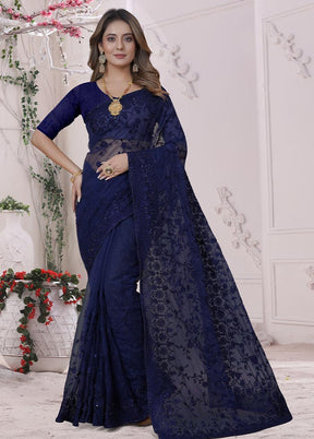 Blue Organza Saree With Blouse Piece - Indian Silk House Agencies