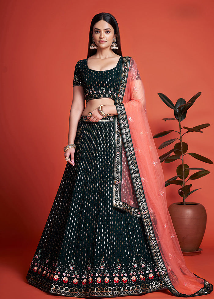 3 Pc Green Georgette Semi Stitched Lehenga Set - Indian Silk House Agencies