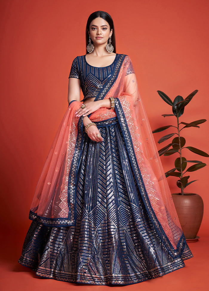 3 Pc Blue Georgette Semi Stitched Lehenga Set - Indian Silk House Agencies