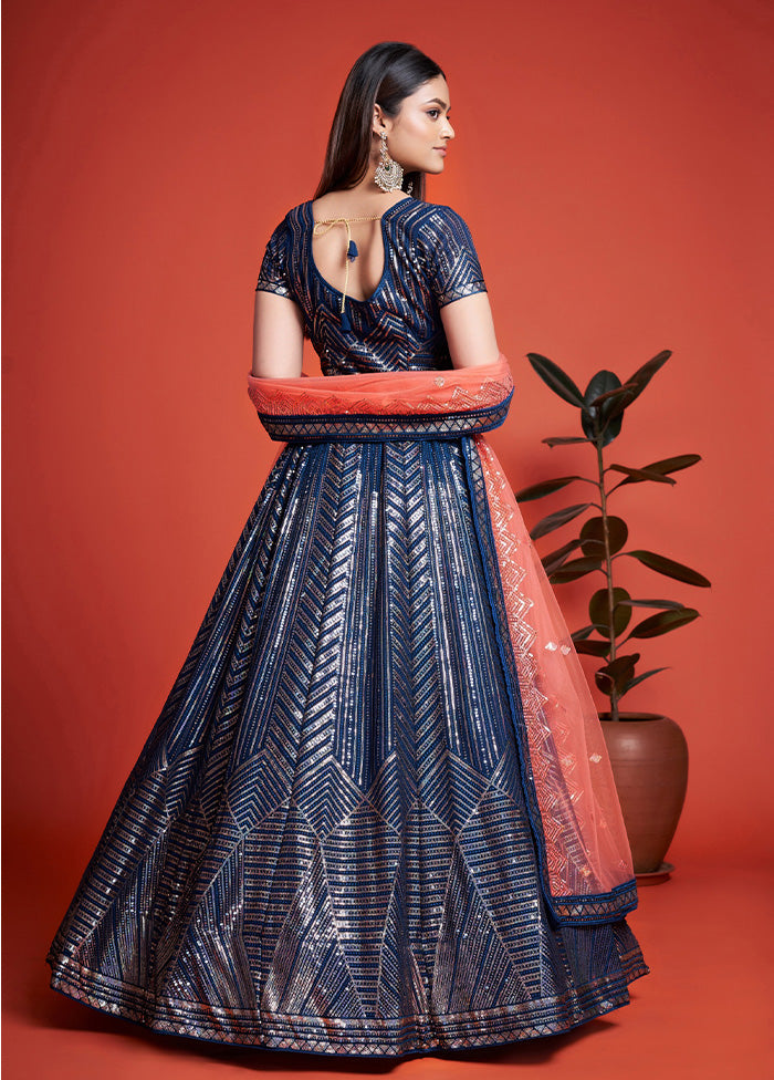 3 Pc Blue Georgette Semi Stitched Lehenga Set - Indian Silk House Agencies