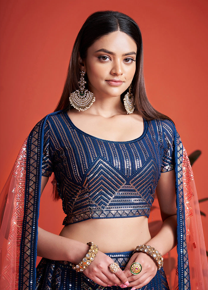 3 Pc Blue Georgette Semi Stitched Lehenga Set - Indian Silk House Agencies