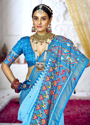 Light Blue Cotton Saree With Blouse Piece - Indian Silk House Agencies