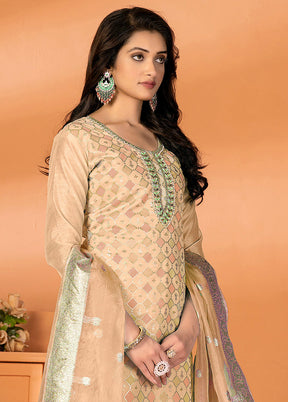 3 Pc Peach Unstitched Silk Suit Set - Indian Silk House Agencies