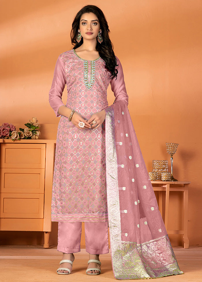 3 Pc Pink Unstitched Silk Suit Set - Indian Silk House Agencies