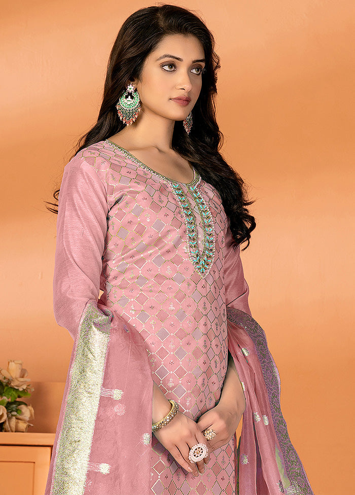 3 Pc Pink Unstitched Silk Suit Set - Indian Silk House Agencies