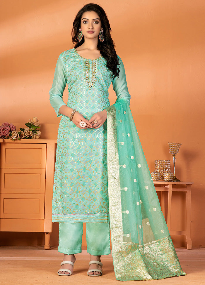 3 Pc Green Unstitched Silk Suit Set - Indian Silk House Agencies