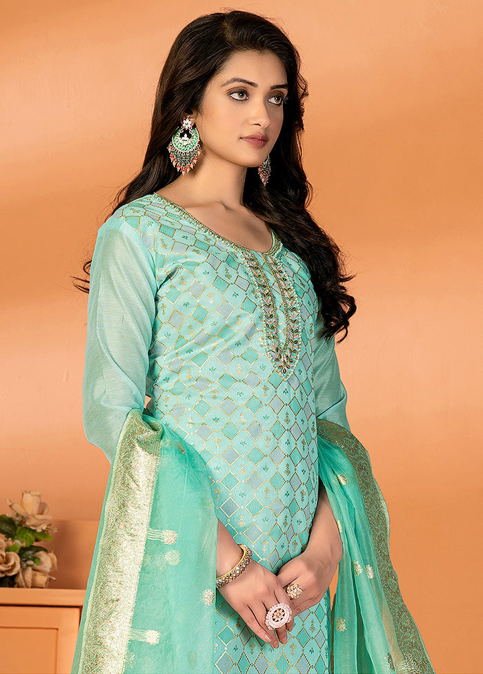 3 Pc Green Unstitched Silk Suit Set - Indian Silk House Agencies