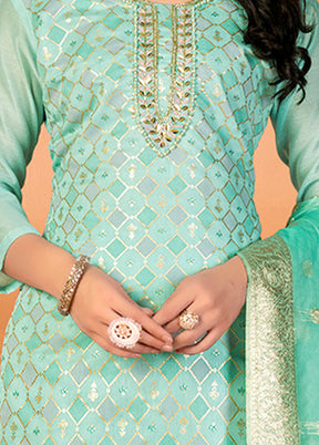 3 Pc Green Unstitched Silk Suit Set - Indian Silk House Agencies