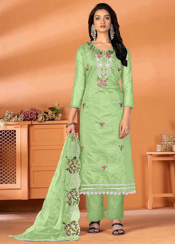 3 Pc Green Unstitched Silk Suit Set - Indian Silk House Agencies