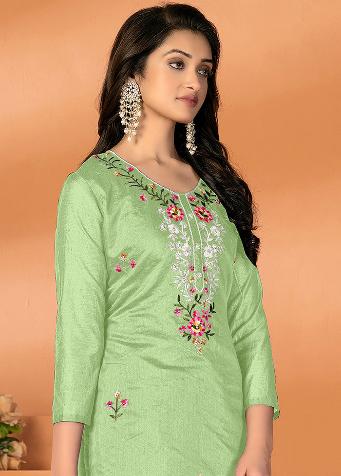 3 Pc Green Unstitched Silk Suit Set - Indian Silk House Agencies