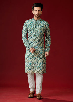 2 Pc Green Cotton Kurta And Pajama Set - Indian Silk House Agencies