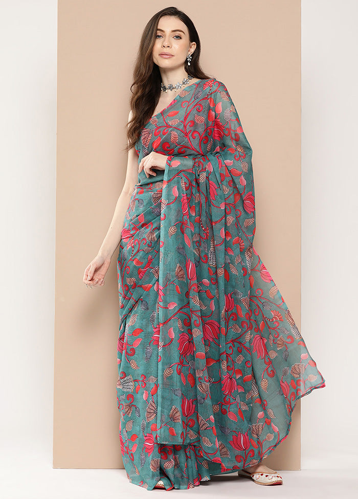 Teal Chiffon Silk Saree With Blouse Piece - Indian Silk House Agencies