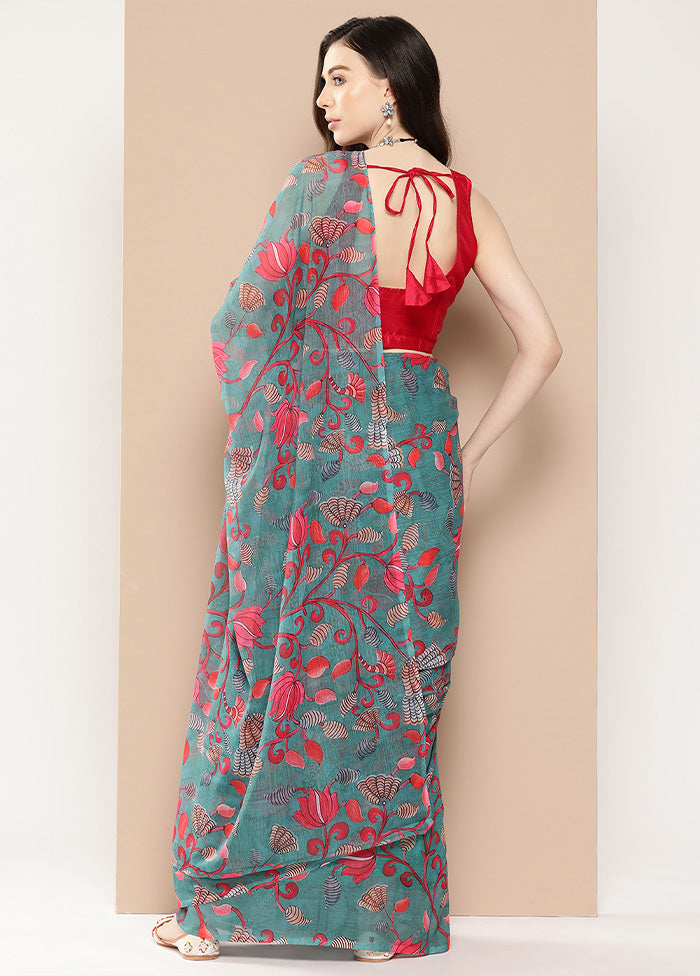 Teal Chiffon Silk Saree With Blouse Piece - Indian Silk House Agencies