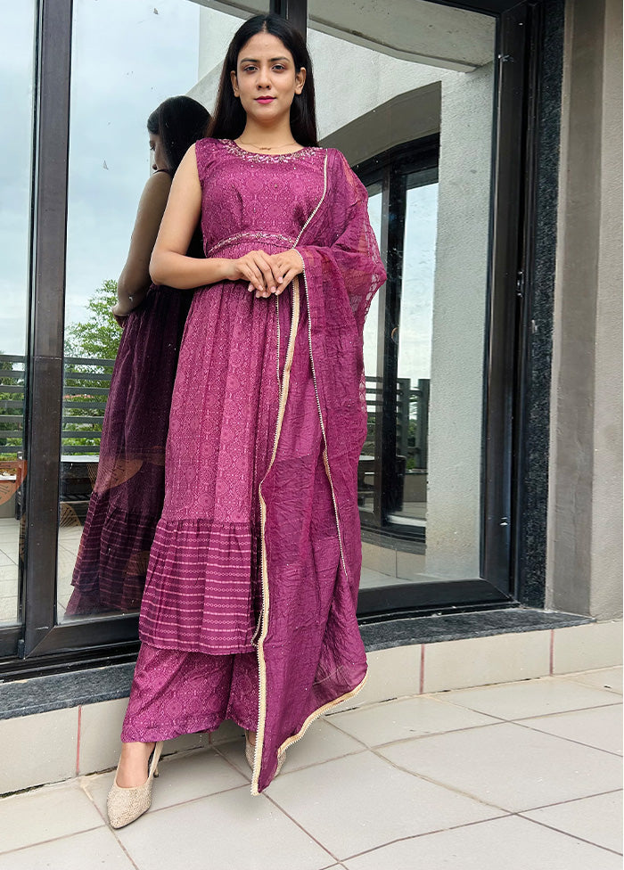 3 Pc Purple Readymade Silk Suit Set - Indian Silk House Agencies