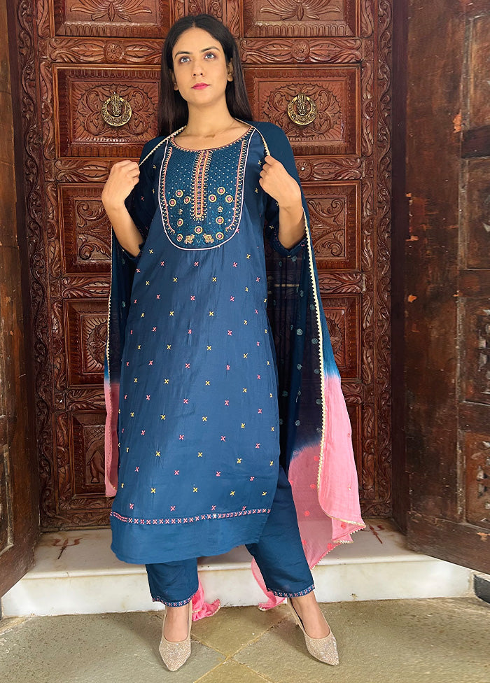 3 Pc Blue Readymade Viscose Suit Set - Indian Silk House Agencies