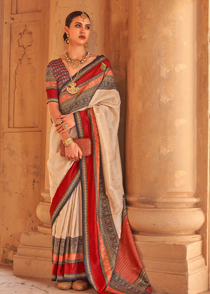 CREAM Dupion Silk Saree With Blouse Piece - Indian Silk House Agencies