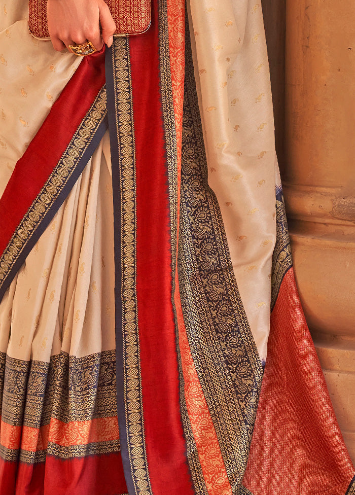 CREAM Dupion Silk Saree With Blouse Piece - Indian Silk House Agencies