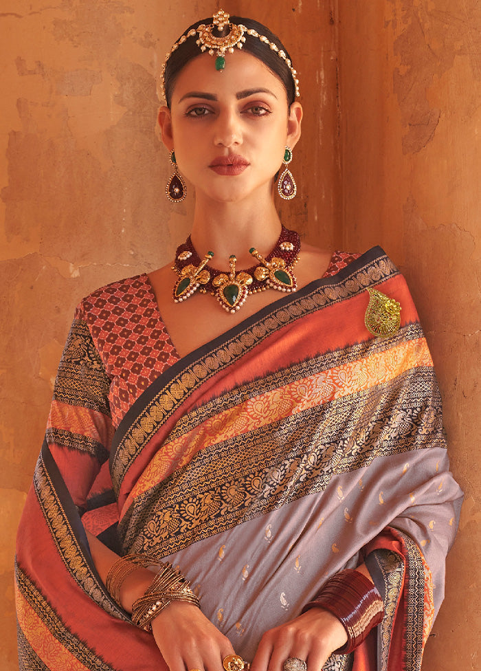 GREY Dupion Silk Saree With Blouse Piece - Indian Silk House Agencies