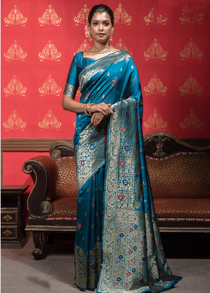 Blue Dupion Silk Saree With Blouse Piece - Indian Silk House Agencies