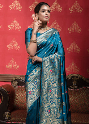 Blue Dupion Silk Saree With Blouse Piece - Indian Silk House Agencies