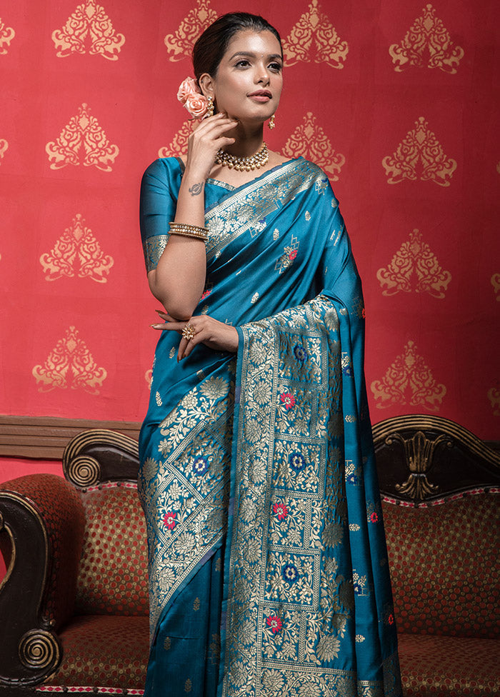 Blue Dupion Silk Saree With Blouse Piece - Indian Silk House Agencies