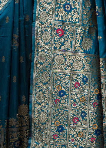 Blue Dupion Silk Saree With Blouse Piece - Indian Silk House Agencies