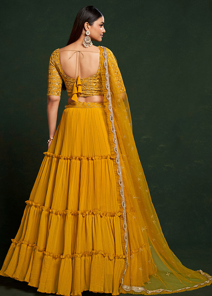 3 Pc Yellow Georgette Semi Stitched Lehenga Set - Indian Silk House Agencies