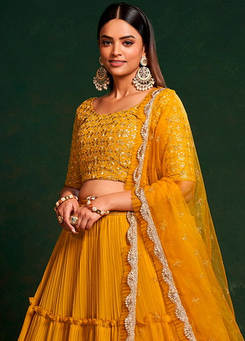 3 Pc Yellow Georgette Semi Stitched Lehenga Set - Indian Silk House Agencies