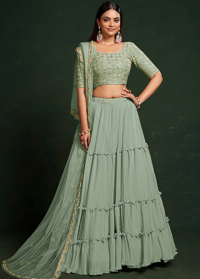 3 Pc Pista Green Georgette Semi Stitched Lehenga Set - Indian Silk House Agencies