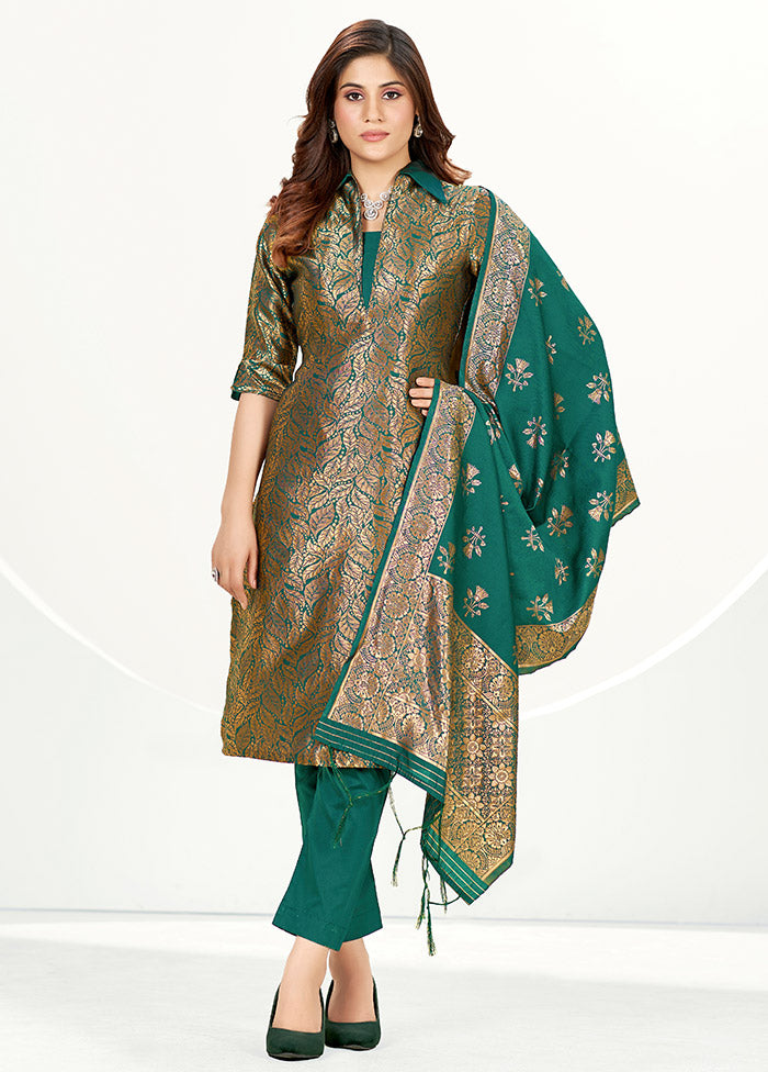 3 Pc Sea Green Unstitched Silk Suit Set - Indian Silk House Agencies