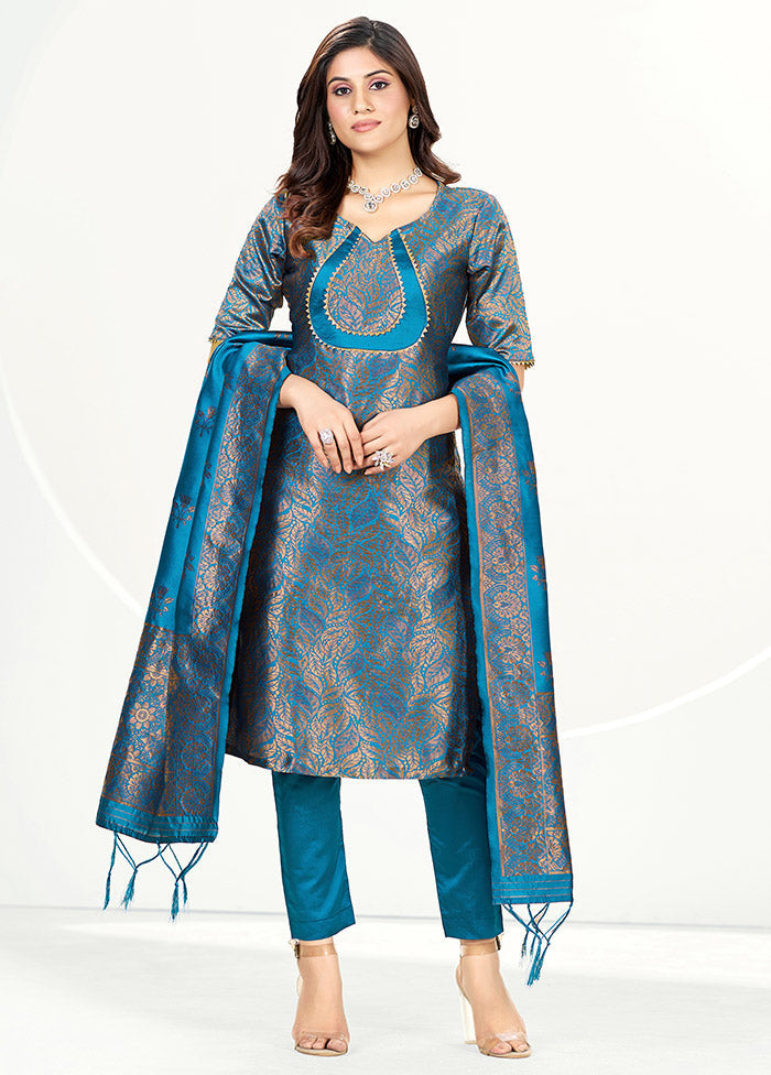 3 Pc Blue Unstitched Silk Suit Set - Indian Silk House Agencies