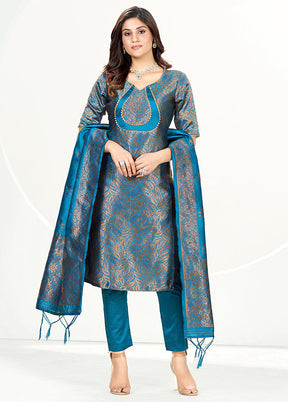 3 Pc Blue Unstitched Silk Suit Set - Indian Silk House Agencies