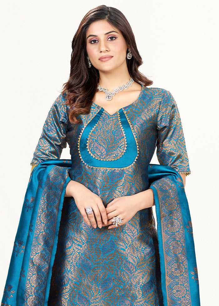 3 Pc Blue Unstitched Silk Suit Set - Indian Silk House Agencies