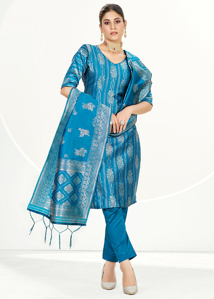 3 Pc Blue Unstitched Silk Suit Set - Indian Silk House Agencies