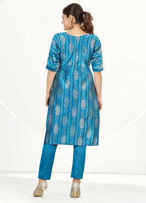 3 Pc Blue Unstitched Silk Suit Set - Indian Silk House Agencies