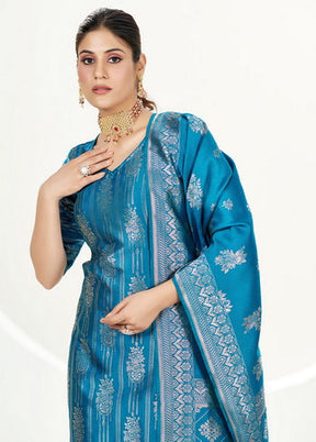 3 Pc Blue Unstitched Silk Suit Set - Indian Silk House Agencies